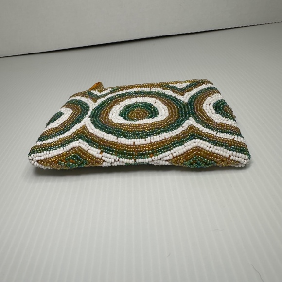 Vintage Circle Hand Beaded Wristlet Clutch/Coin Purse 5.5 in x 4 in Tan, Green - Picture 3 of 6
